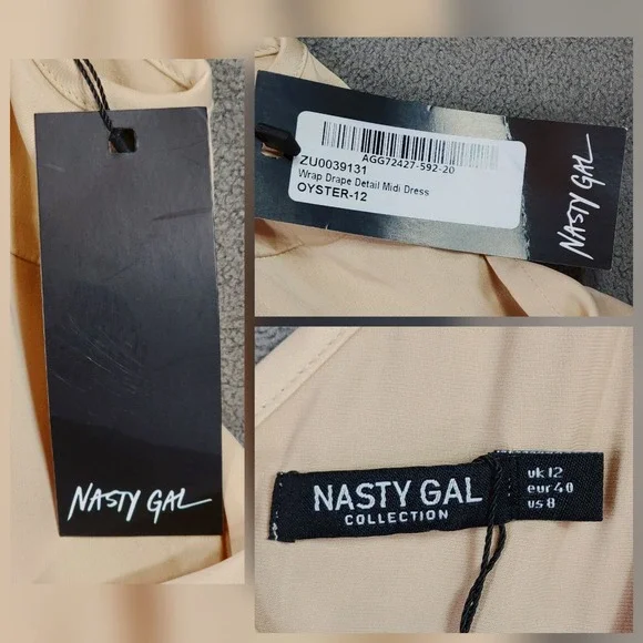 Nasty Gal Slip Dress 8 Wrap Drape Midi Spaghetti Front Knot‎ Oyster Cream NEW - Picture 4 of 12